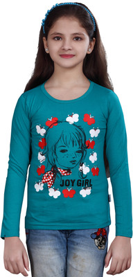 SINI MINI Girls Typography, Printed Pure Cotton Regular T Shirt(Blue, Pack of 1)