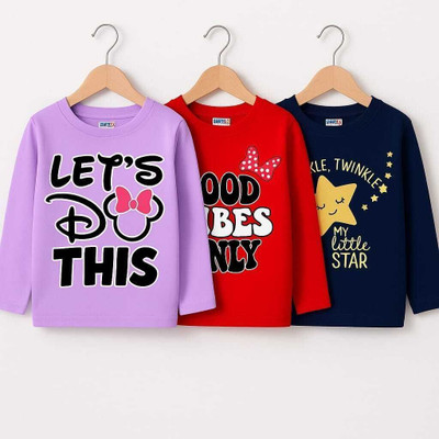 KIDDIFY Baby Girls Printed Cotton Blend Regular T Shirt(Blue, Pack of 3)