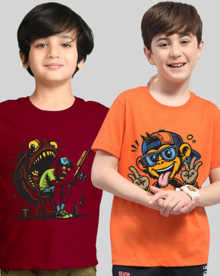 AOOSH Boys Graphic Print Cotton Blend Regular T Shirt(Maroon, Orange, Pack of 2)