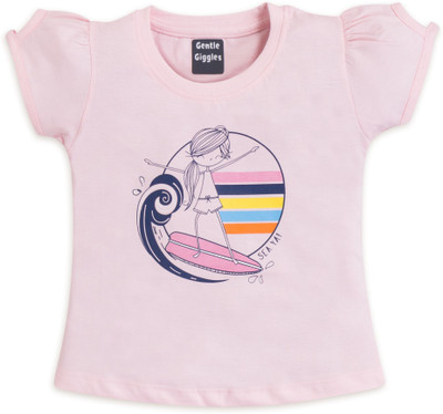 Gentle Giggles Girls Printed Pure Cotton Regular T Shirt(Pink, Pack of 1)