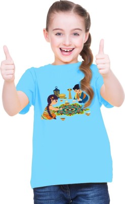 BRATMA Girls Printed Pure Cotton Regular T Shirt(Light Blue, Pack of 1)