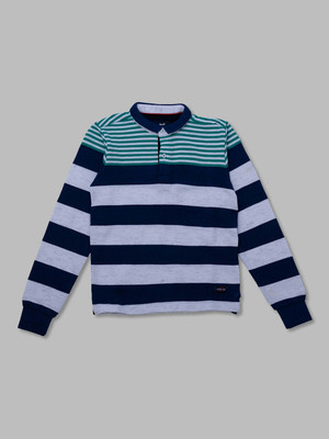 Status Quo Boys Striped Pure Cotton Regular T Shirt(Dark Blue, Pack of 1)