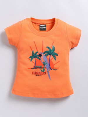 Gentle Giggles Baby Boys & Baby Girls Animal Print Pure Cotton Regular T Shirt(Orange, Pack of 1)