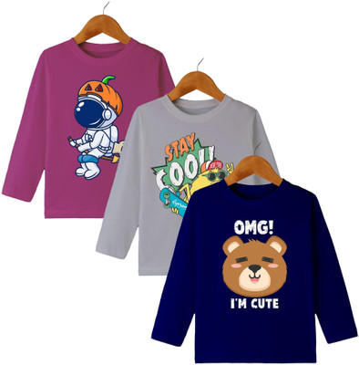 MYO Boys & Girls Printed Cotton Blend Regular T Shirt(Multicolor, Pack of 3)