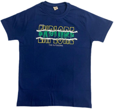 RAGVEE Boys Typography Pure Cotton Regular T Shirt(Blue, Pack of 1)