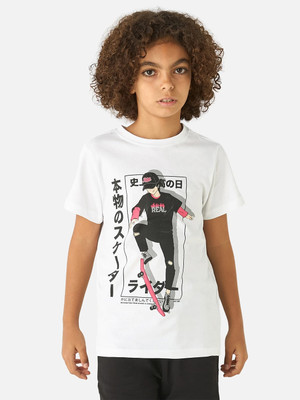 JUNIORS by Babyshop Boys Printed Cotton Blend Regular T Shirt(White, Pack of 1)