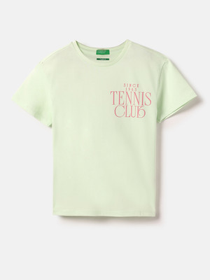 United Colors of Benetton Girls Graphic Print Pure Cotton Regular T Shirt(Green, Pack of 1)
