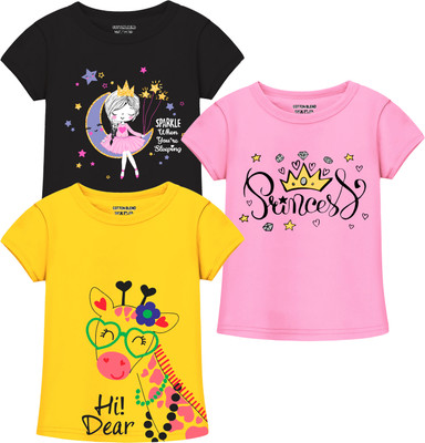 Billion Girls Printed Cotton Blend Regular T Shirt(Multicolor, Pack of 3)