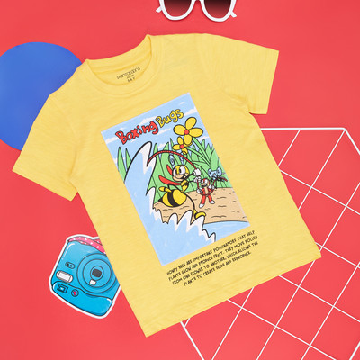 Pantaloons Junior Boys Printed Pure Cotton Regular T Shirt(Yellow, Pack of 1)
