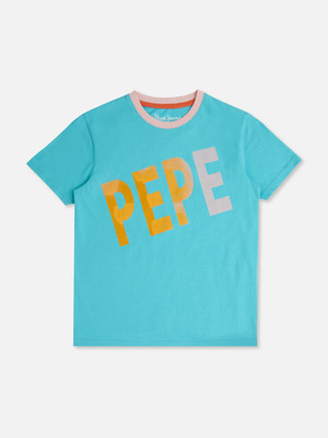 Pepe Jeans Boys Typography Pure Cotton Regular T Shirt(Blue, Pack of 1)