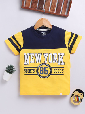 Happy Faces Baby Boys Self Design Pure Cotton Regular T Shirt(Yellow, Pack of 1)