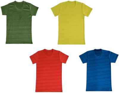 IndiWeaves Boys Striped Polyester Regular T Shirt(Multicolor, Pack of 4)