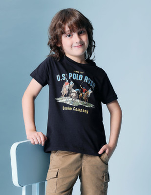U.S. POLO ASSN. Boys Graphic Print Pure Cotton Regular T Shirt(Black, Pack of 1)