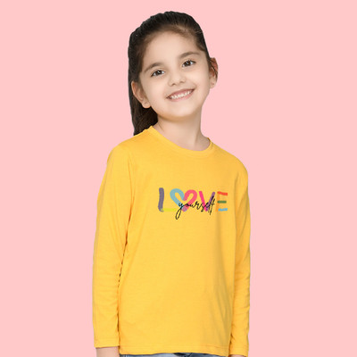 Nusyl Girls Typography, Printed Cotton Blend Regular T Shirt(Yellow, Pack of 1)