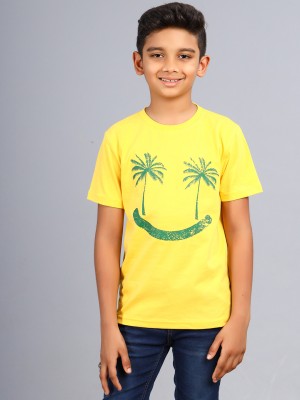 ZION Boys Graphic Print Pure Cotton Slim T Shirt(Yellow, Pack of 1)