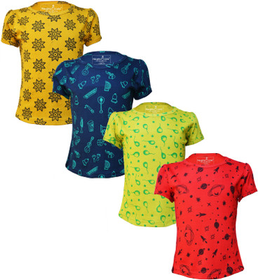 Eazy Trends Girls Printed Pure Cotton Regular T Shirt(Multicolor, Pack of 4)