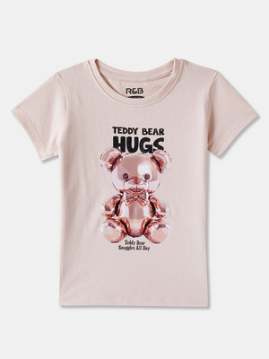 R&B Girls Graphic Print Pure Cotton Regular T Shirt(Orange, Pack of 1)