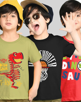 AOOSH Boys Printed Cotton Blend Regular T Shirt(Red, Black, Pack of 3)