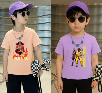Lecowar Boys Printed Polyester Regular T Shirt(Purple, Orange, Pack of 2)