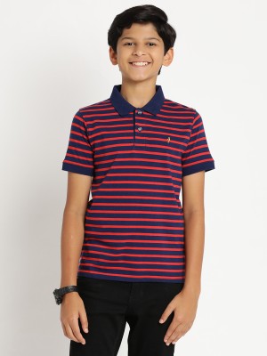 INDIAN TERRAIN Boys Striped Pure Cotton Regular T Shirt(Dark Blue, Pack of 1)