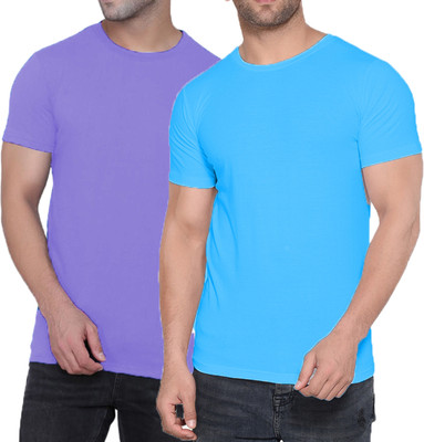 Kroptee Boys Solid Cotton Blend Regular T Shirt(Light Blue, Purple, Pack of 2)