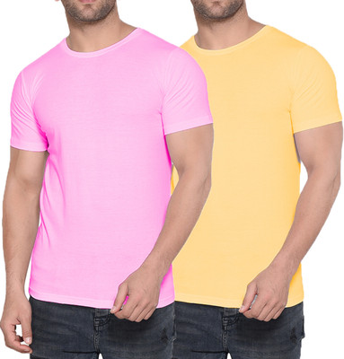 Kroptee Boys Solid Cotton Blend Regular T Shirt(Yellow, Pink, Pack of 2)