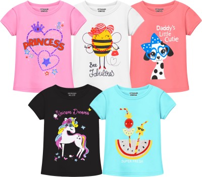Billion Girls Printed Cotton Blend T Shirt(Multicolor, Pack of 5)