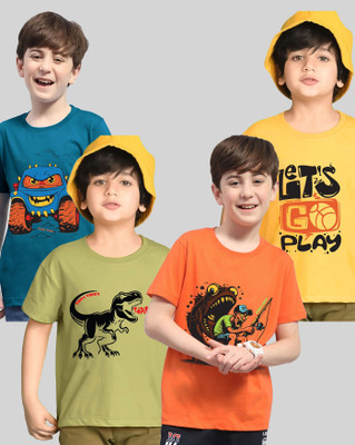 ENITOR Boys Printed Cotton Blend Regular T Shirt(Yellow, Green, Pack of 4)