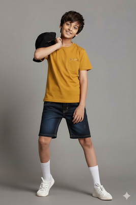 KIDIWISE Boys Printed Cotton Blend Regular T Shirt(Yellow, Pack of 1)