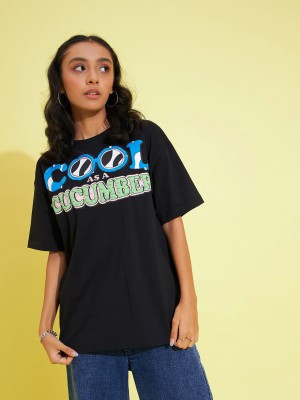 Noh.Voh - SASSAFRAS Kids Girls Typography, Printed Pure Cotton T Shirt(Black, Pack of 1)