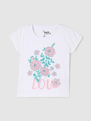 MAX Baby Girls Floral Print Pure Cotton Regular T Shirt(White, Pack of 1)