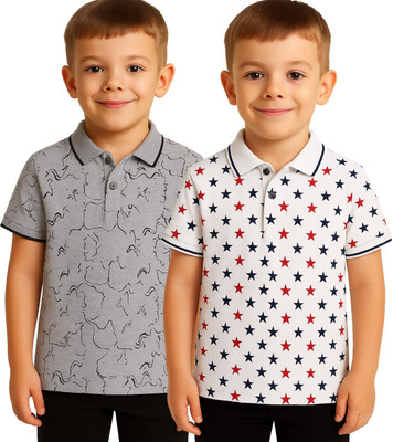Fasla Boys Printed Cotton Blend Regular T Shirt(White, Pack of 2)