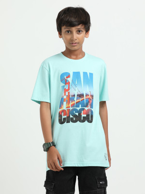 estuna Boys Printed Pure Cotton Regular T Shirt(Light Blue, Pack of 1)