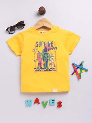 Happy Faces Baby Boys Printed Pure Cotton Regular T Shirt(Yellow, Pack of 1)