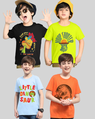 AUSK Boys Printed Cotton Blend Regular T Shirt(Light Blue, Orange, Pack of 4)