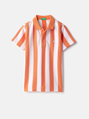 United Colors of Benetton Baby Boys Striped Pure Cotton Regular T Shirt(Orange, Pack of 1)