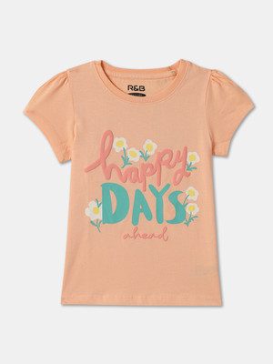 R&B Girls Graphic Print Pure Cotton Regular T Shirt(Orange, Pack of 1)