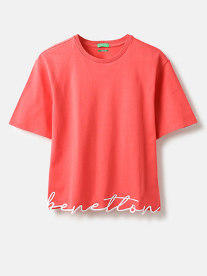 United Colors of Benetton Girls Printed Pure Cotton Regular T Shirt(Pink, Pack of 1)