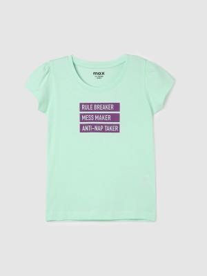 MAX Girls Typography Pure Cotton Regular T Shirt(Green, Pack of 1)