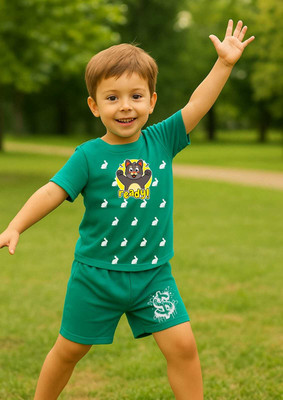 Sattitude Boys & Girls Printed Cotton Blend Regular T Shirt(Green, Pack of 1)