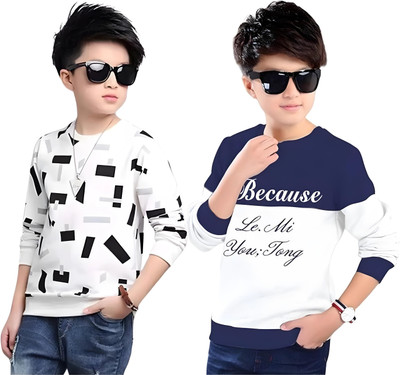 Ticoss Boys Typography Cotton Blend Regular T Shirt(Multicolor, Pack of 2)