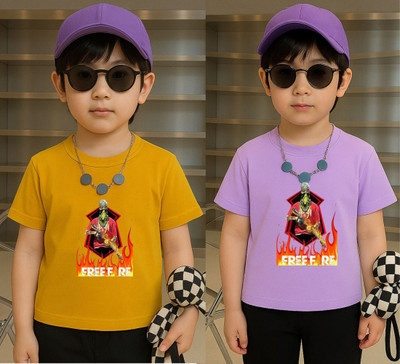 Lecowar Boys Printed Polyester Regular T Shirt(Yellow, Purple, Pack of 1)