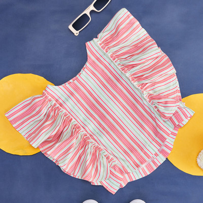 Pantaloons Junior Girls Striped Viscose Rayon Regular T Shirt(Pink, Pack of 1)