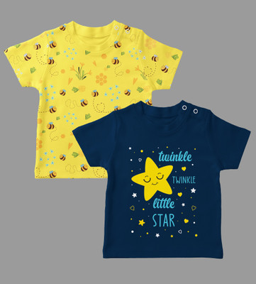 Mojua Boys & Girls Typography Pure Cotton Regular T Shirt(Yellow, Pack of 2)