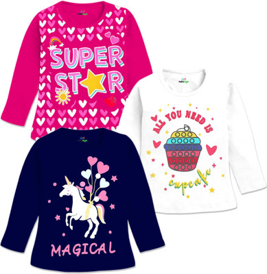 MINI MYN Baby Girls Graphic Print Cotton Blend Regular T Shirt(Multicolor, Pack of 3)