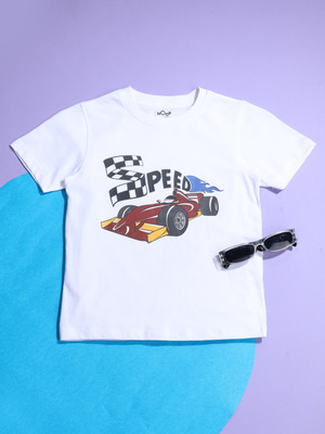 Hoop Boys Printed Pure Cotton Regular T Shirt(White, Pack of 1)