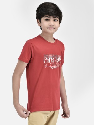 CRIMSOUNE CLUB Boys Typography, Printed Cotton Blend Slim T Shirt(Red, Pack of 1)