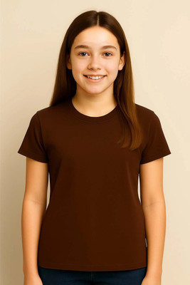 CLAEL Girls Solid Polyester Regular T Shirt(Brown, Pack of 1)