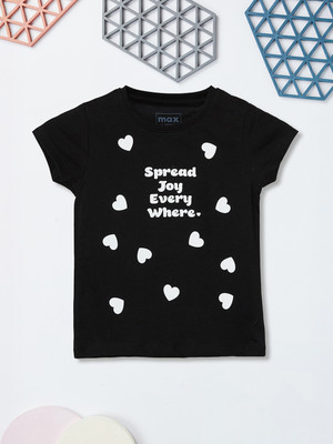 MAX Girls Printed Pure Cotton Regular T Shirt(Black, Pack of 1)
