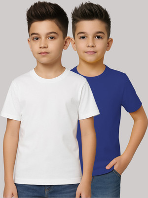 FRISKERS Boys Solid Pure Cotton Regular T Shirt(White, Blue, Pack of 2)